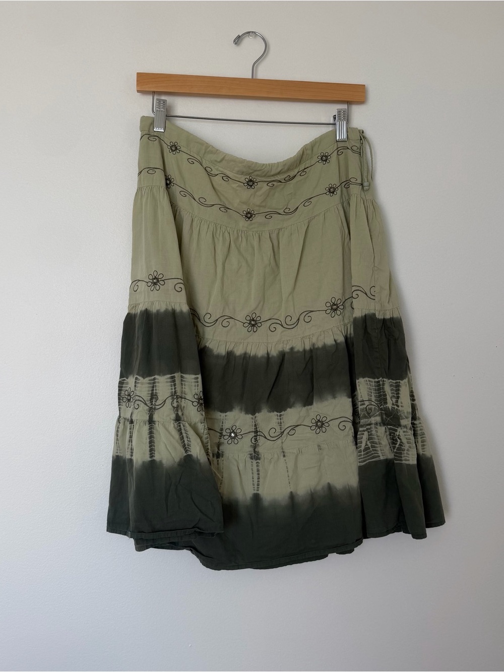Tiered Floral Midi Skirt in Sage and Dark Green Sequin Embroidered Details